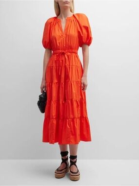 Ulla Johnson Bright Orange Tiered Puff-Sleeve Midi Dress